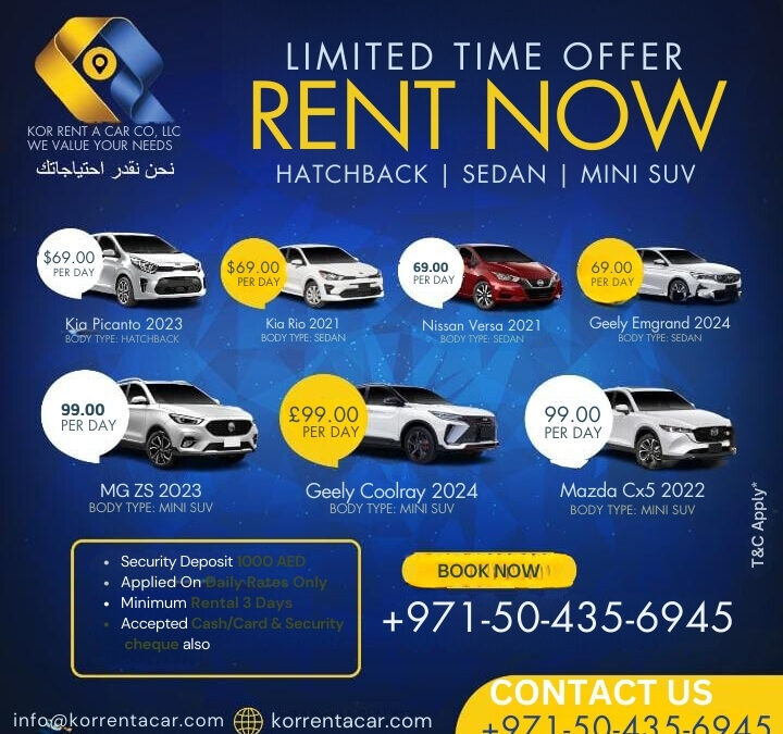 How can I rent a car in Dubai with Kor Rent a Car and what services do they offer